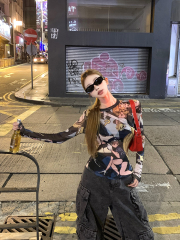 Photographed Cute and Spicy Girl Design Cartoon Print Net Mesh T-Shirt for Women Slimming Long Sleeve Top Spring