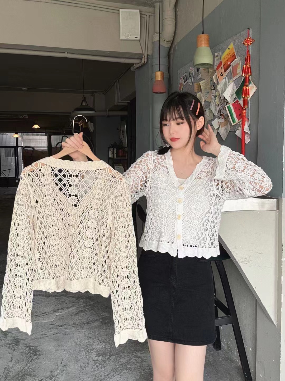 甜美鏤空繡花薄款針織防嗮衫寬鬆短款套頭罩衫上衣
