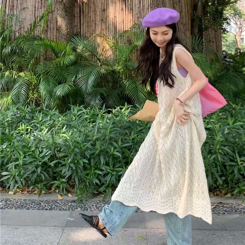 設計感小眾疊穿罩衫針織背心裙夏季女後背開叉長裙連衣裙別致裙子