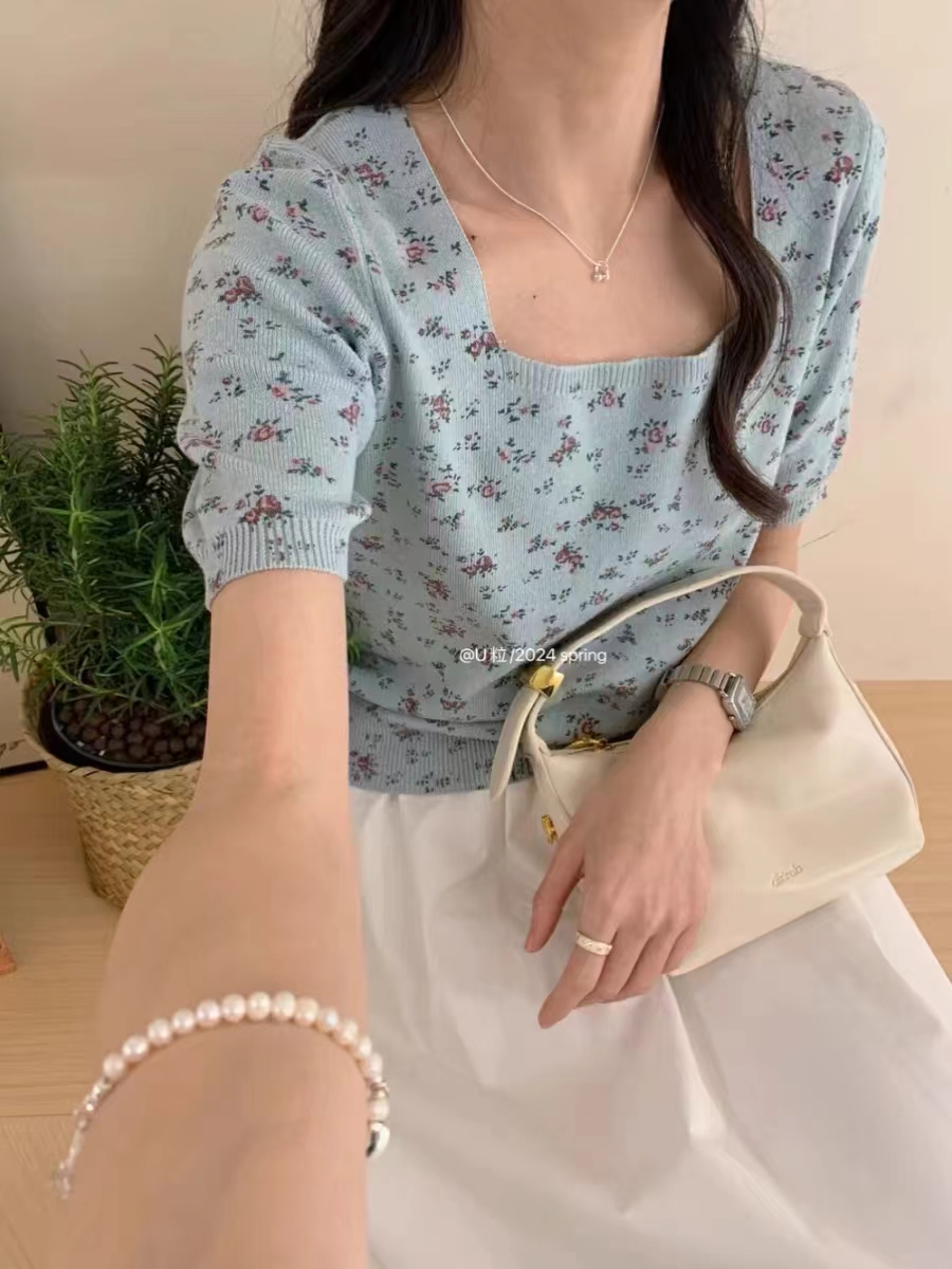 韓系冰絲針織衫甜美碎花方領短袖女夏季新款溫柔百搭t恤短款上衣