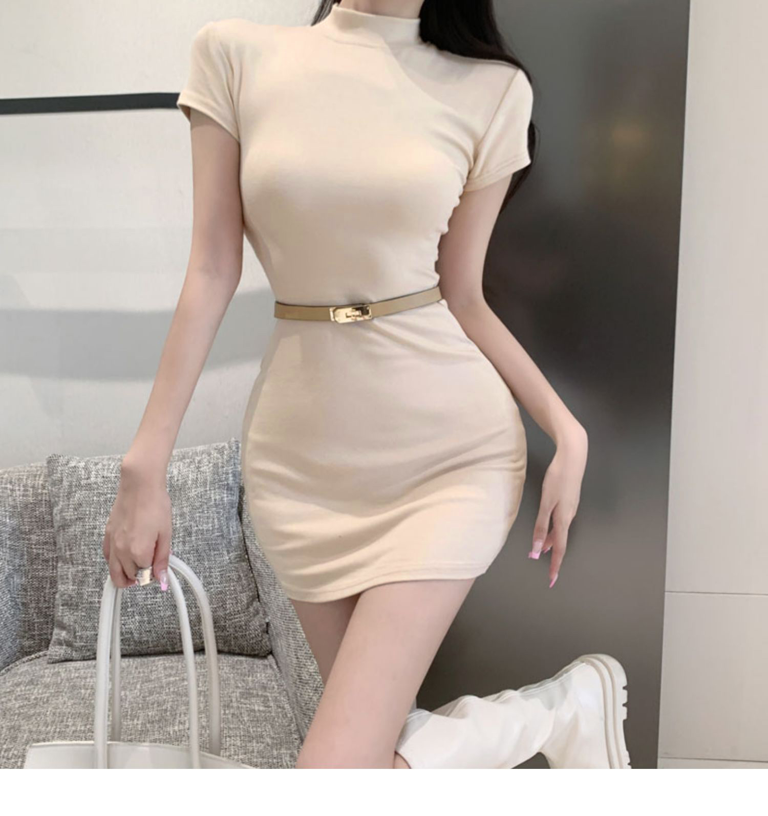 半高領針織連衣裙女辣妹包臀修身性感短裙純欲短袖緊身裙