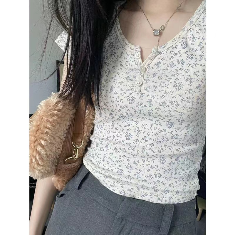 人棉200克印花官方 甜辣高腰碎花T恤女短袖修身上衣純欲風