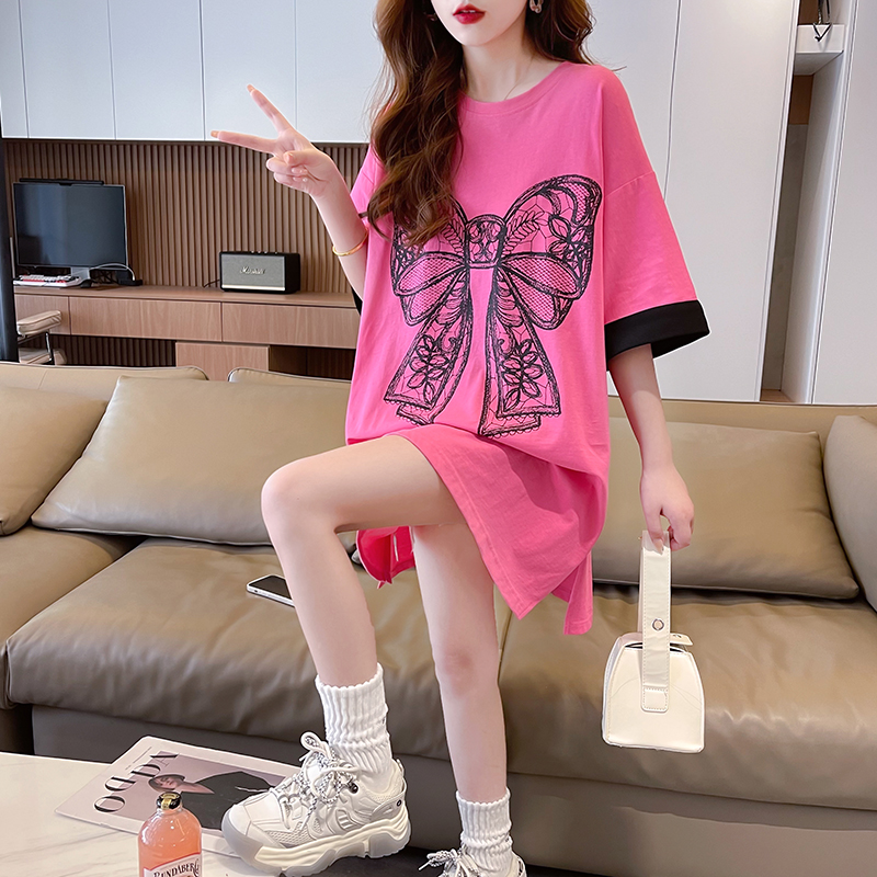 | 實拍100%純棉 | 後包領 夏季韓版中長款撞色拼接短袖T恤女