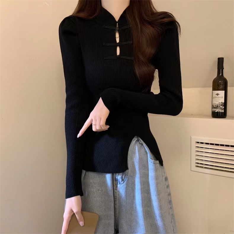 新中式復古國風盤扣毛衣女秋冬法式高級感別致袖針織打底開叉上衣