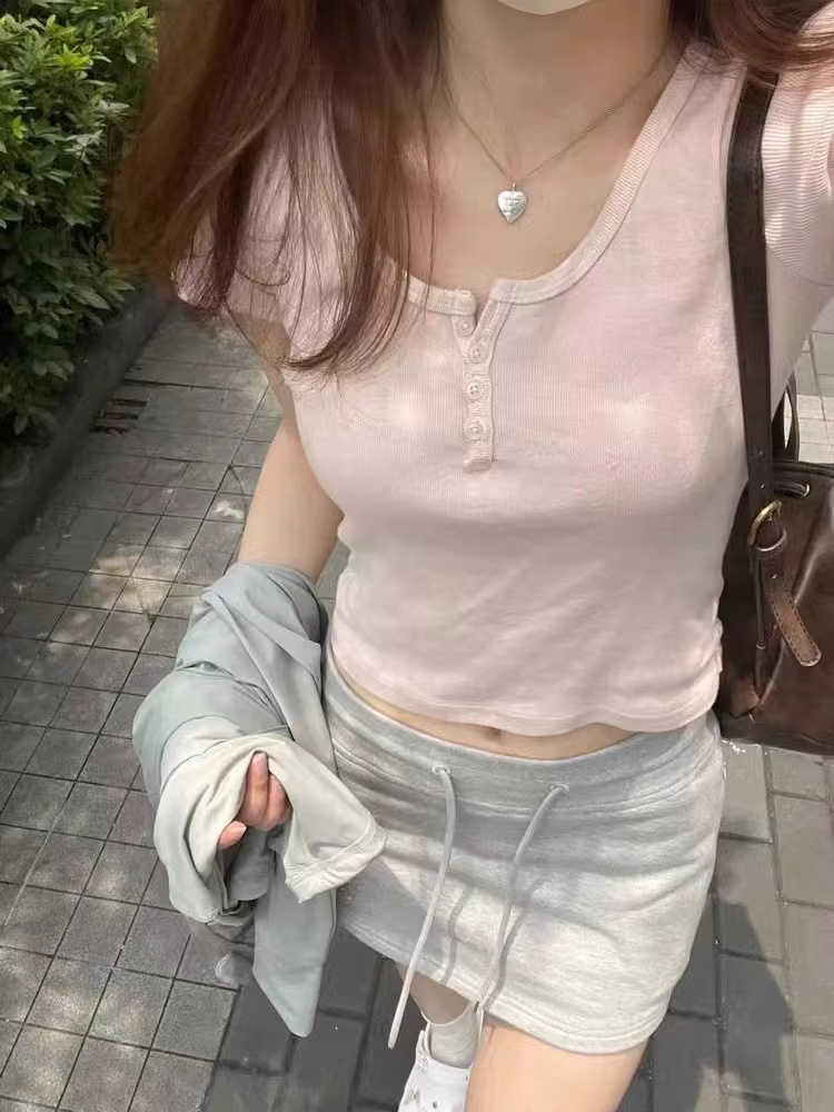2024短袖女夏季小個子短款粉色T恤上衣