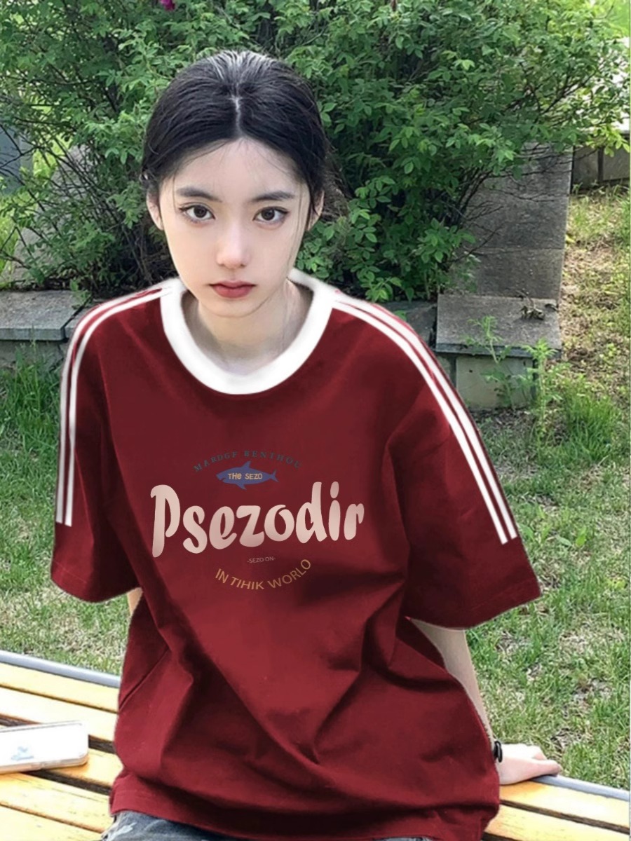 官圖  220克100%棉三條槓 2024年新款夏裝短袖T恤女