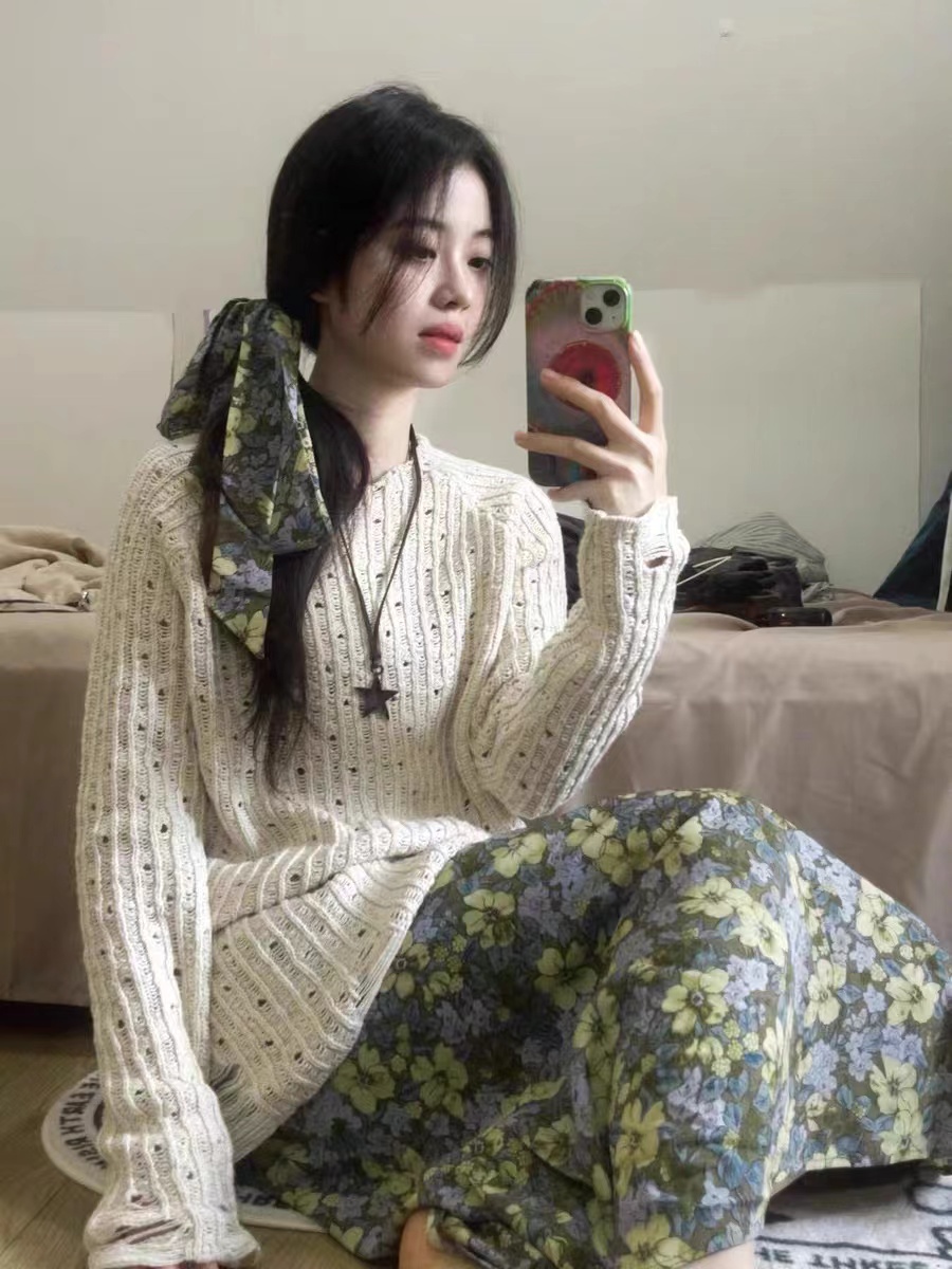 Lazy style hollow sweater for women spring and summer 2024 new design loose casual sweater top