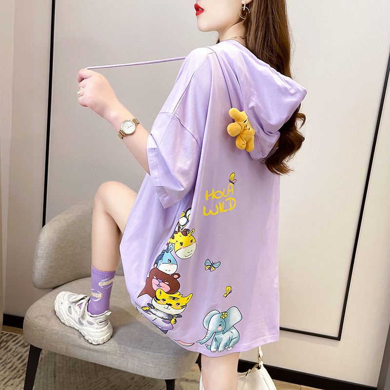 實拍 2024新款韓版卡通連帽印花寬鬆中長款短袖t恤女