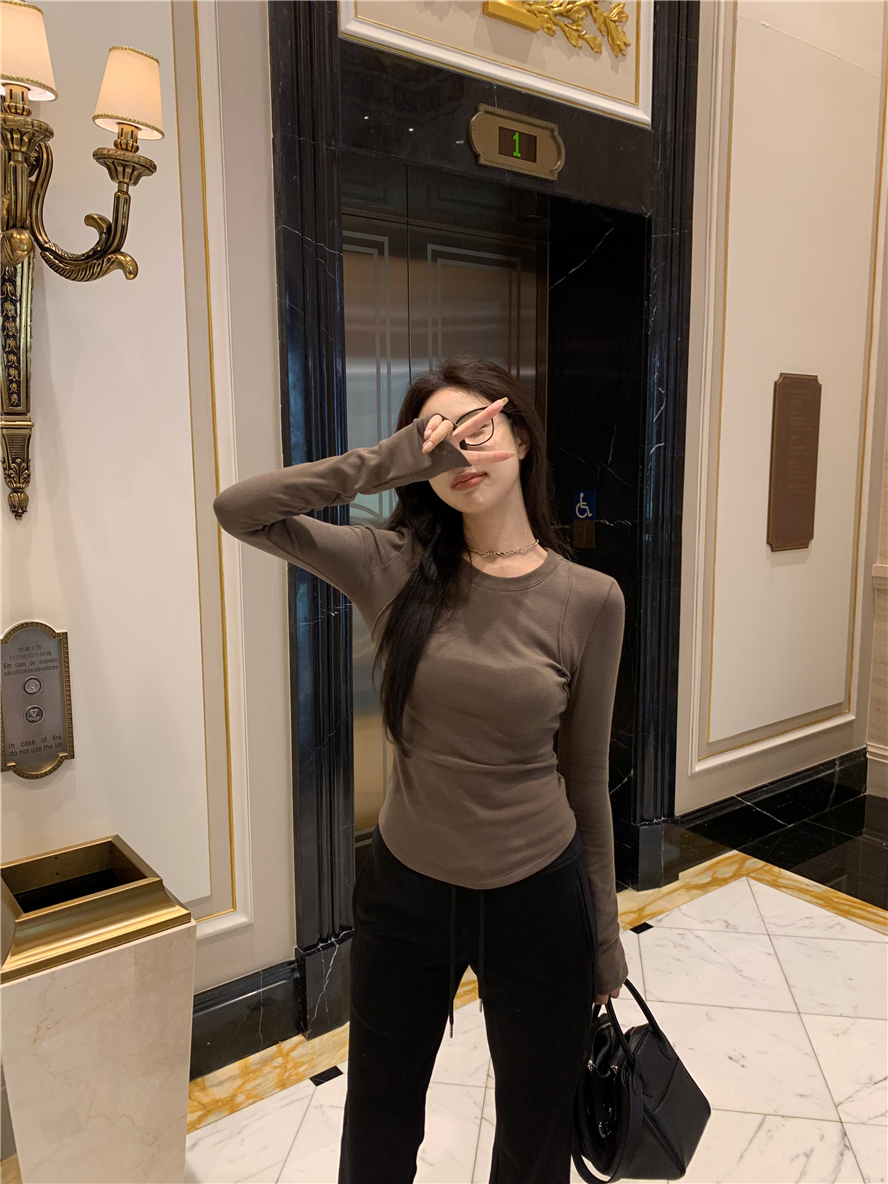 厚實緊身磨毛黑色長袖T恤女冬季小眾拼接軟糯打底衫內搭白色上衣