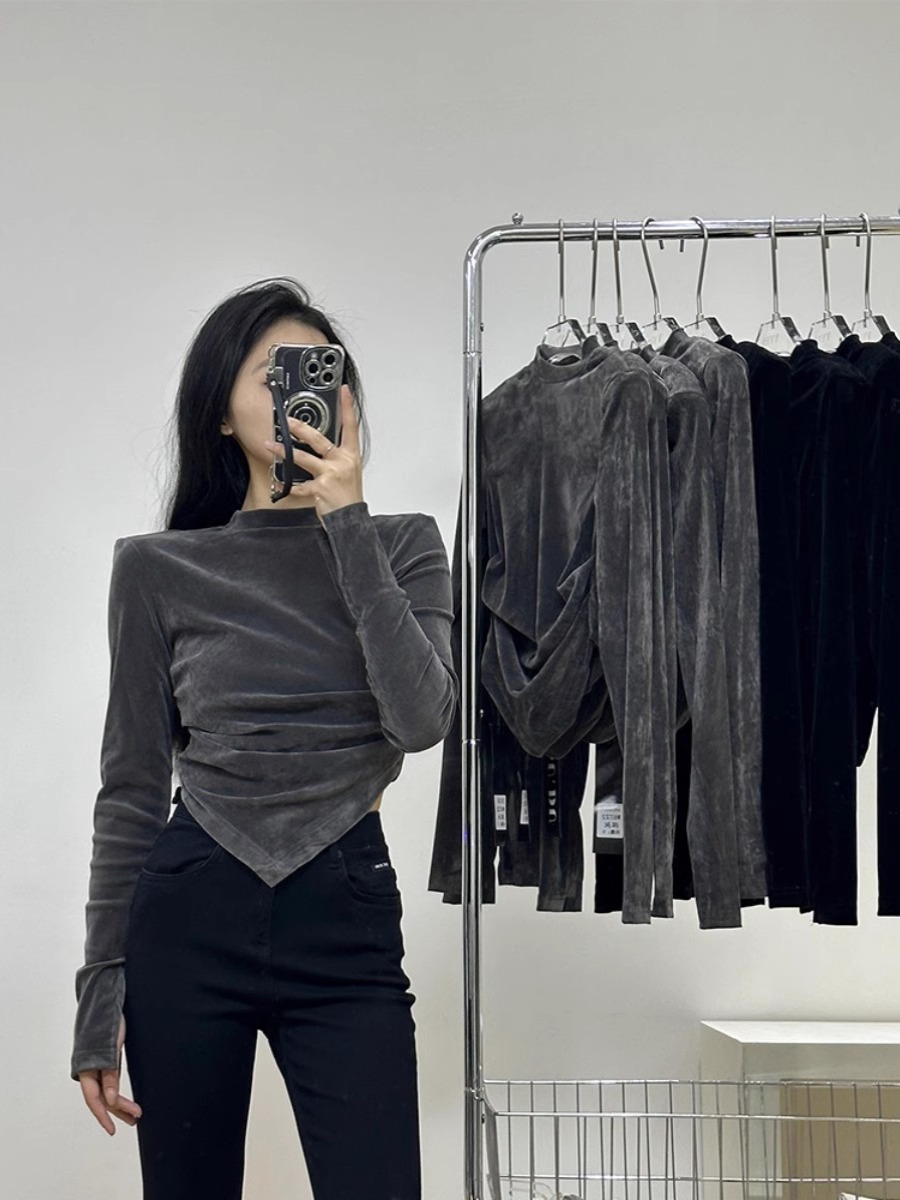 DUDU韓版長袖絲絨T恤女2024秋冬季氣質半高領不規則修身上衣女