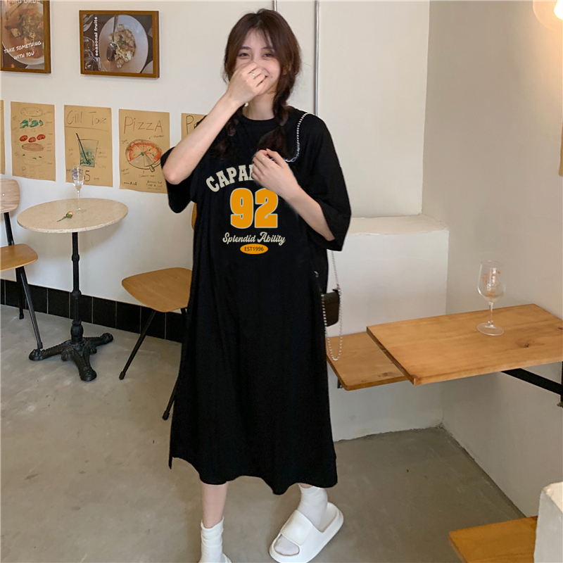 實拍6535精梳棉夏季新款韓版寬鬆中長款短袖連衣裙女