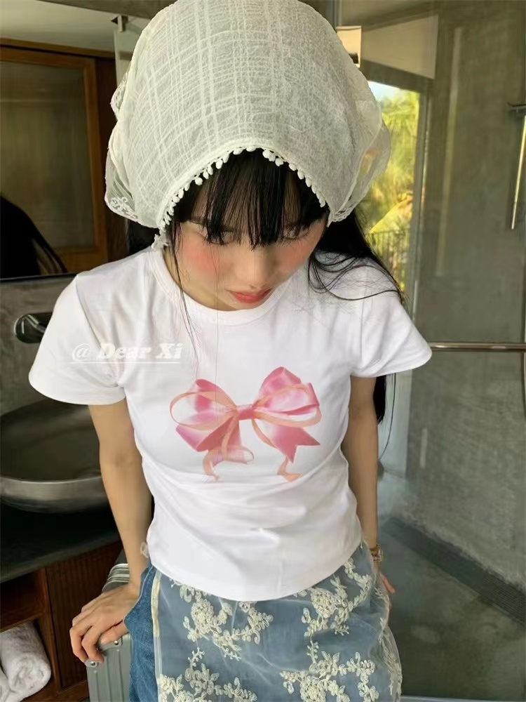 2024韓版時尚小眾簡約蝴蝶結印花短袖休閒T恤女