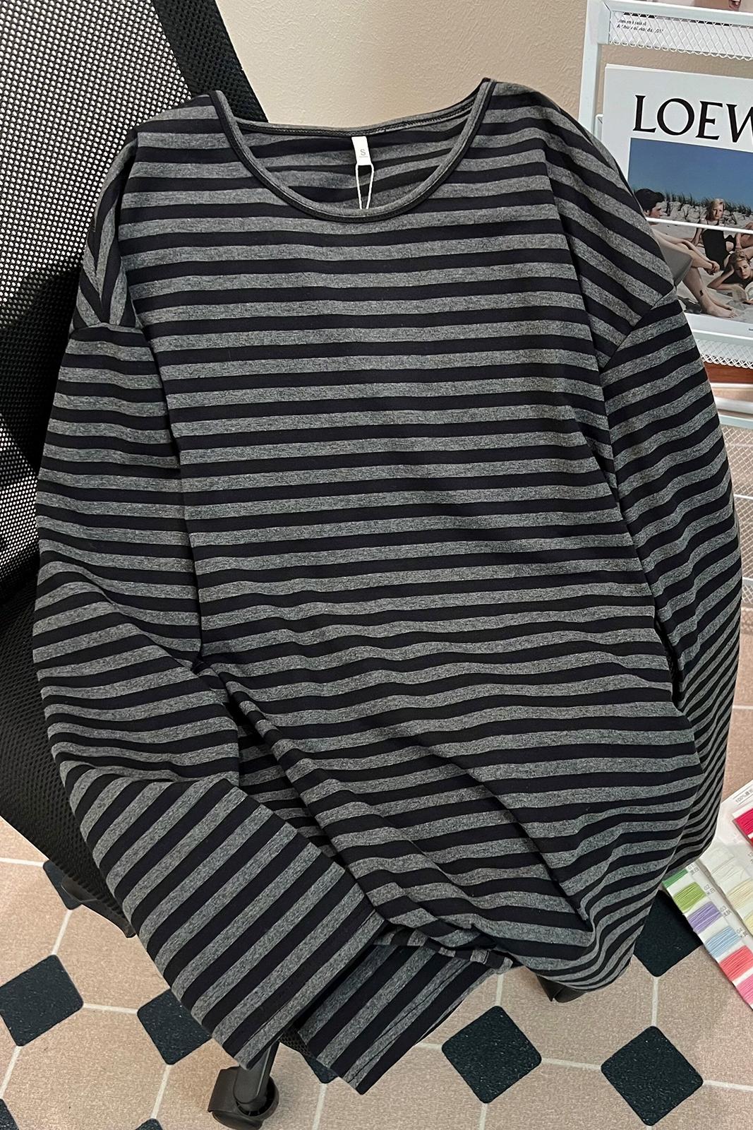實拍純棉條紋春秋薄款長袖t恤女中長新款潮圓領上衣大碼女裝200斤