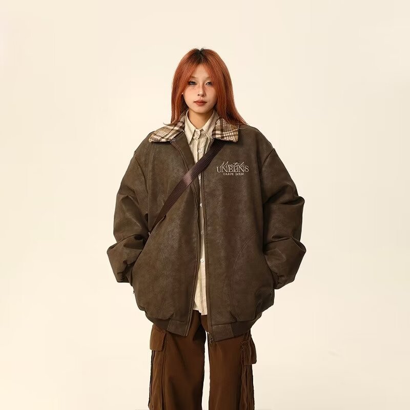 皮夾克領子可拆卸美式復古棒球服外套女春秋高街寬鬆夾克上衣
