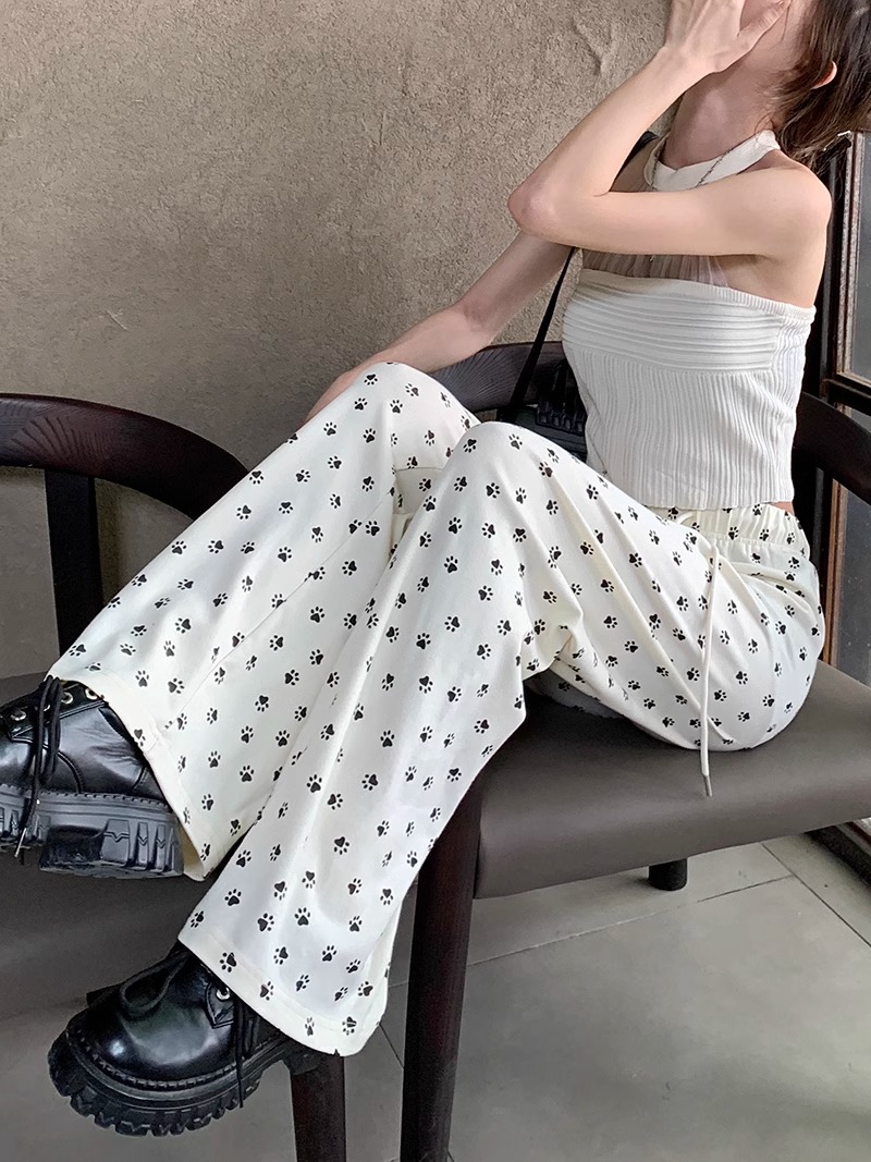 狗狗腳印直筒闊腿褲女夏季高腰顯瘦休閒褲薄款小個子寬鬆垂感褲