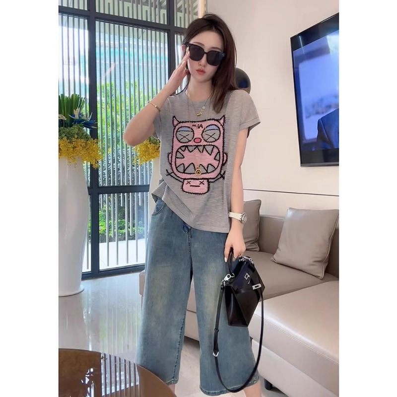 女短袖夏季2024新款時尚圓領百搭打底衫今年流行上衣