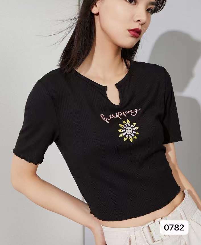 夏季新款韓版刺繡花木耳邊露臍短袖上衣女