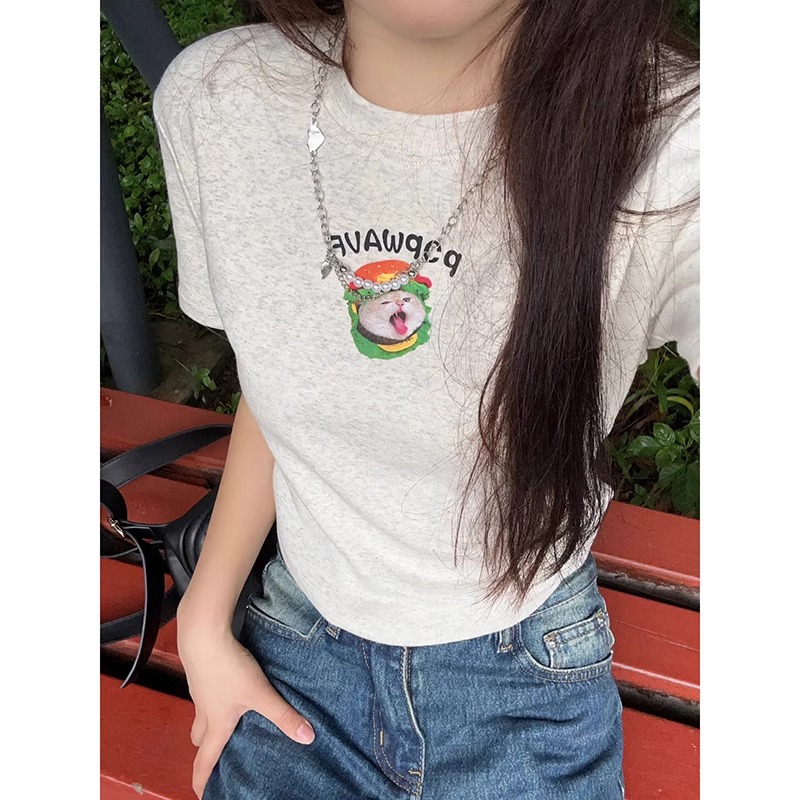 純棉210克40支奧代爾帶彈力直播品質前 印花修身短袖t恤女