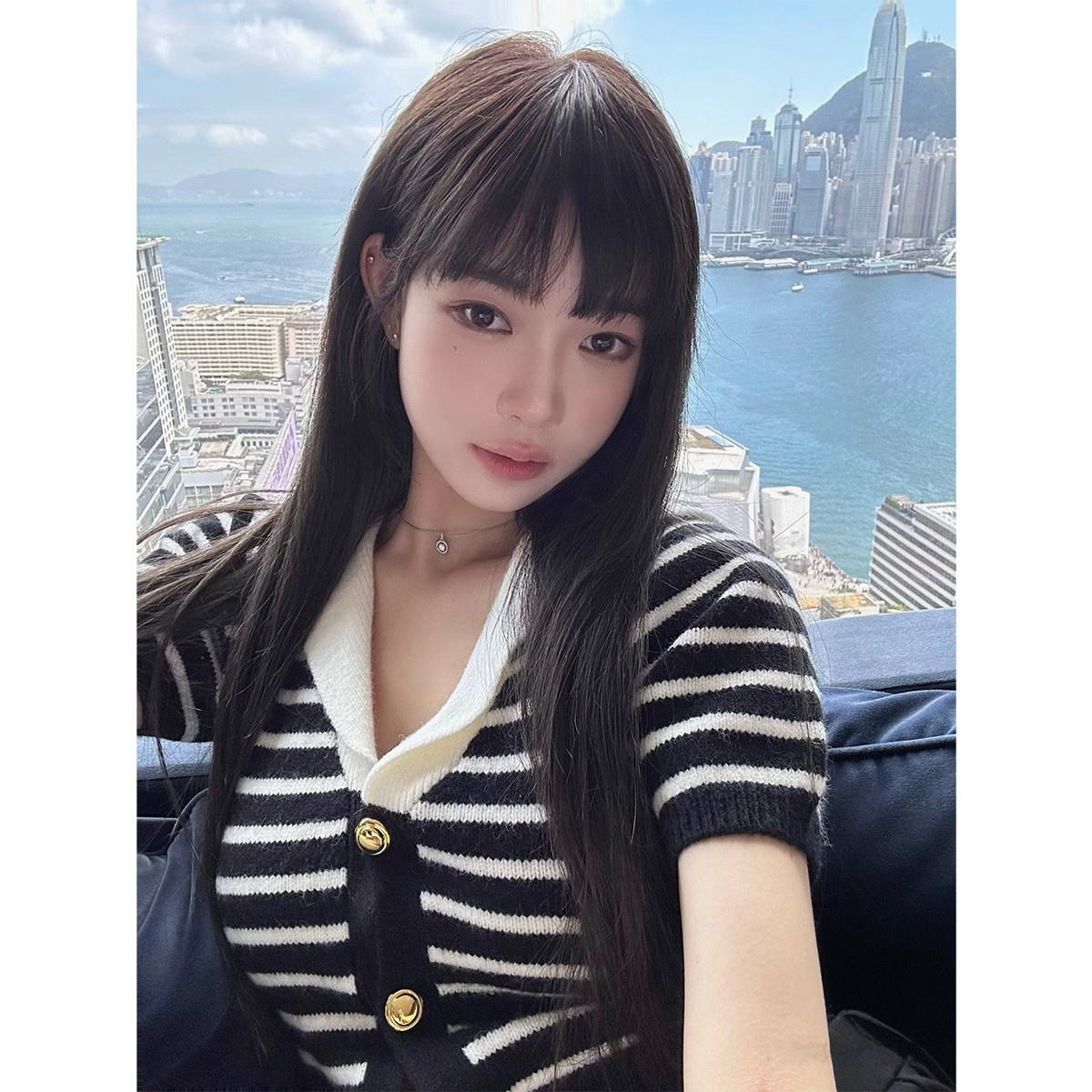 WX報單 復古海軍領針織短袖簡約黑白條紋減齡短款小上衣女