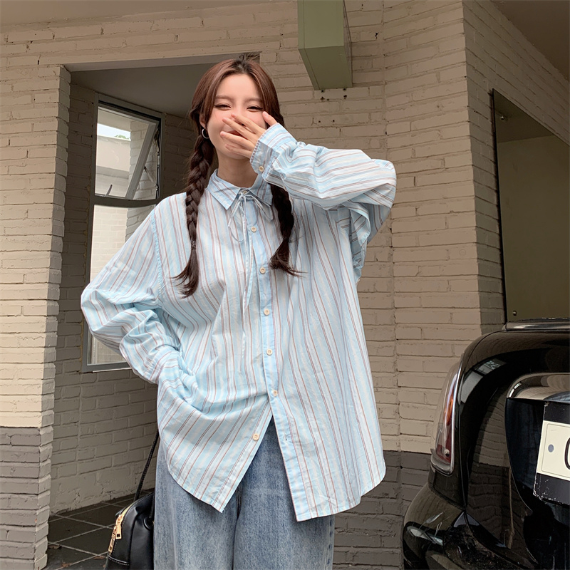 海鹽藍色條紋襯衫女設計感小眾襯衣韓系chic別致秋裝上衣