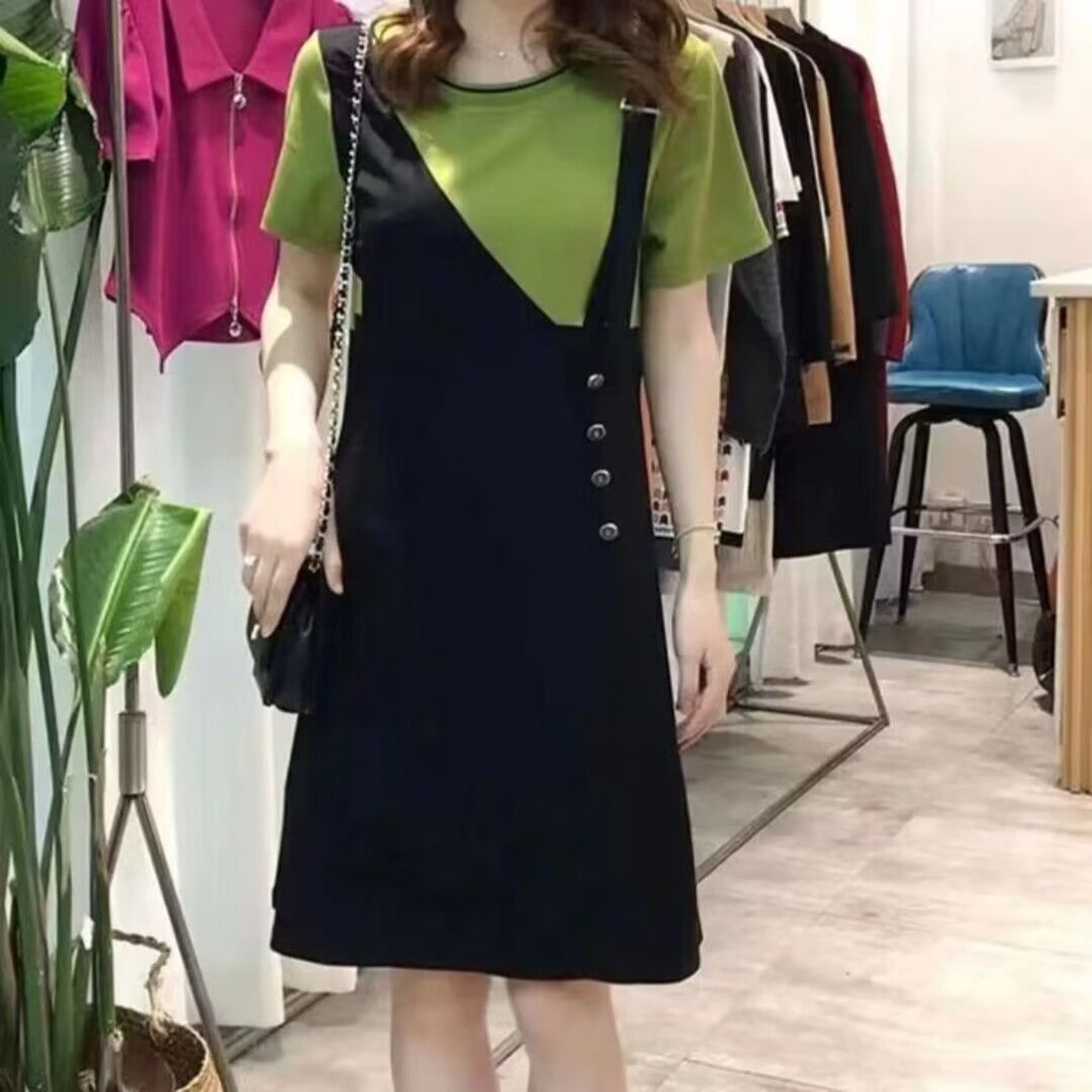 假兩件連衣裙短袖女士2024夏季新時尚拼接氣質顯瘦中長款純色裙子