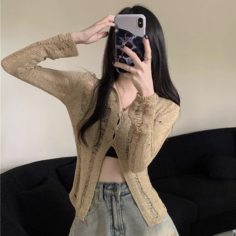 美式Y2K辣妹鏤空針織衫女短款收腰長袖開衫背心吊帶防曬上衣外套