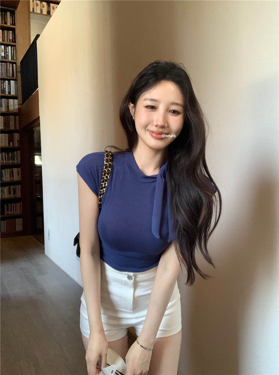 實拍 圍巾領短袖T恤 女人味時尚百搭氣質顯胸修身上衣