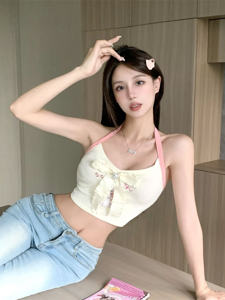 已出貨 純欲風掛脖吊帶背心蝴蝶結辣妹緊身短款V領上衣超修身甜美