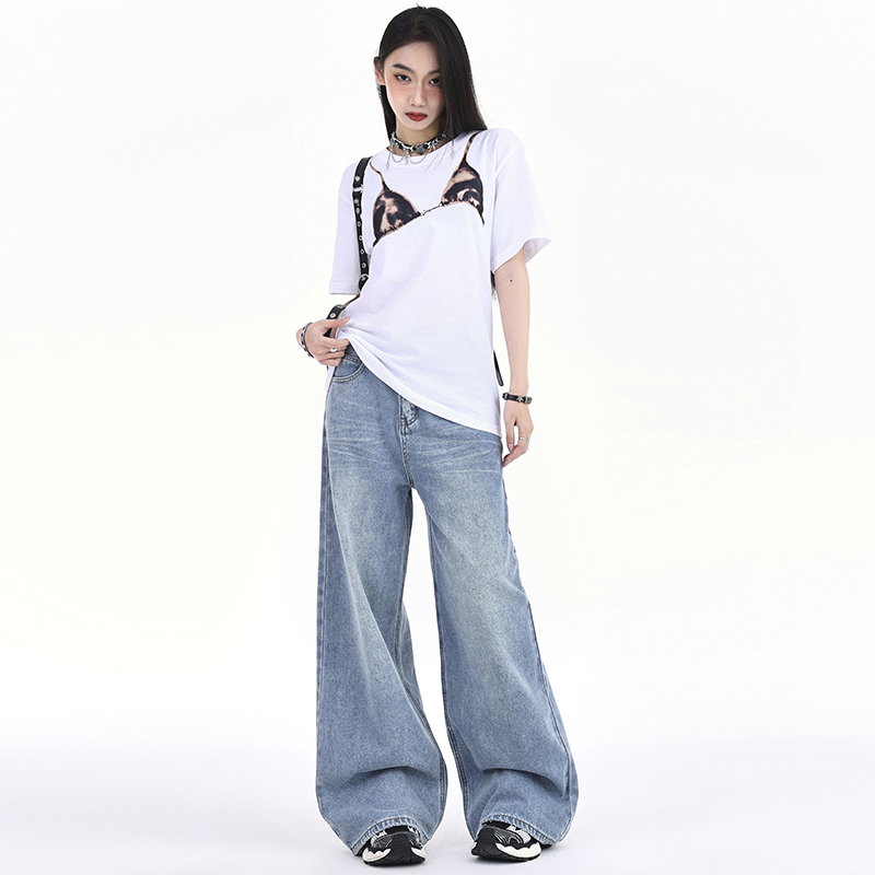 實拍~高腰闊腿牛仔褲女2024春季韓版新款寬鬆垂感水洗直筒拖地褲