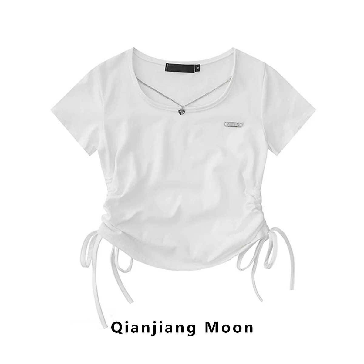 PAIXIANG/純色簡約方領短袖T恤女夏季2024年新款辣妹修身短款上衣
