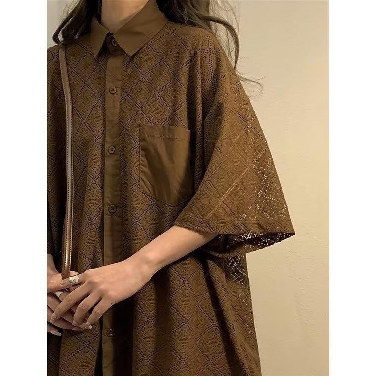 港風復古短袖襯衫女夏季新款鏤空小眾設計高級感獨特别致半袖襯衣