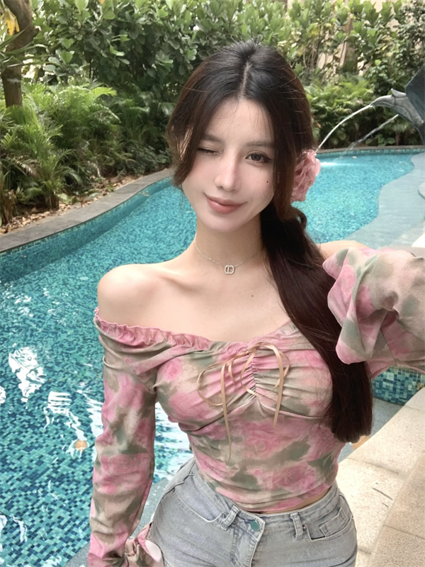 實拍 氣質一字肩花朵喇叭袖輕薄網紗防曬上衣