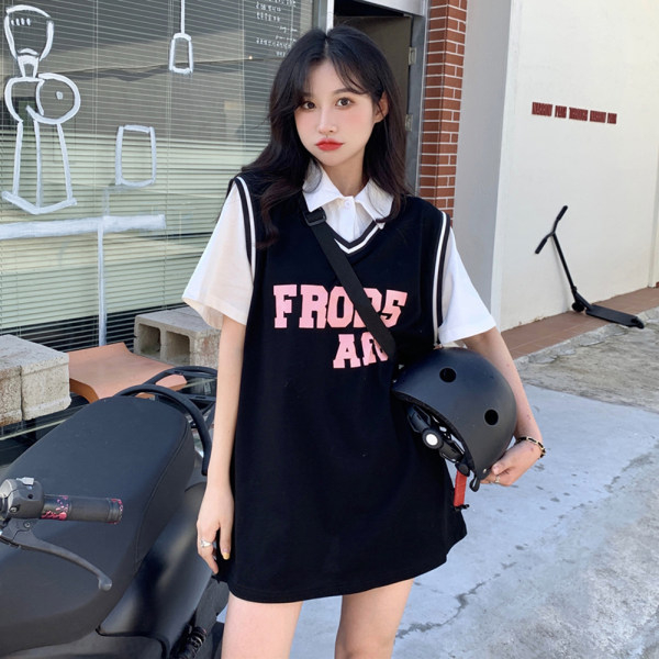 2024新款寬鬆設計感下衣失蹤t恤ins潮籃球服夏季女短袖假兩件上衣