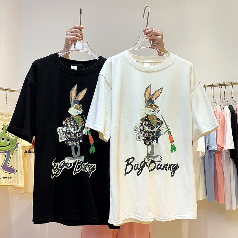 實拍32支雙紗230克短袖t恤女夏2024卡通刺繡新款圓領上衣大碼女裝