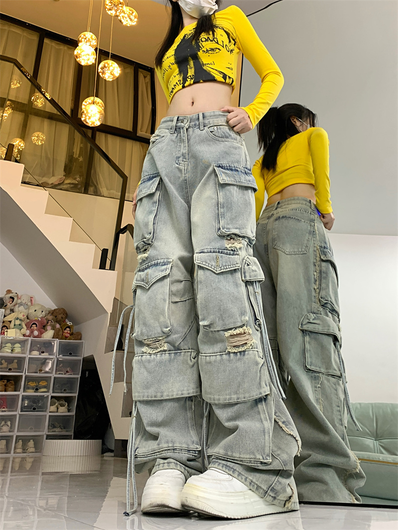 原版面料 實拍~美式復古工裝重工多口袋設計寬鬆百搭直筒牛仔褲