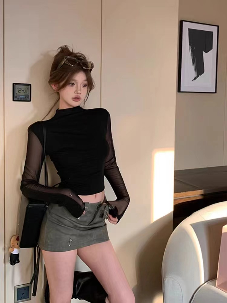 莫代爾拼接網紗半高領蝴蝶辣妹T恤甜辣設計感修身長袖打底衫上衣