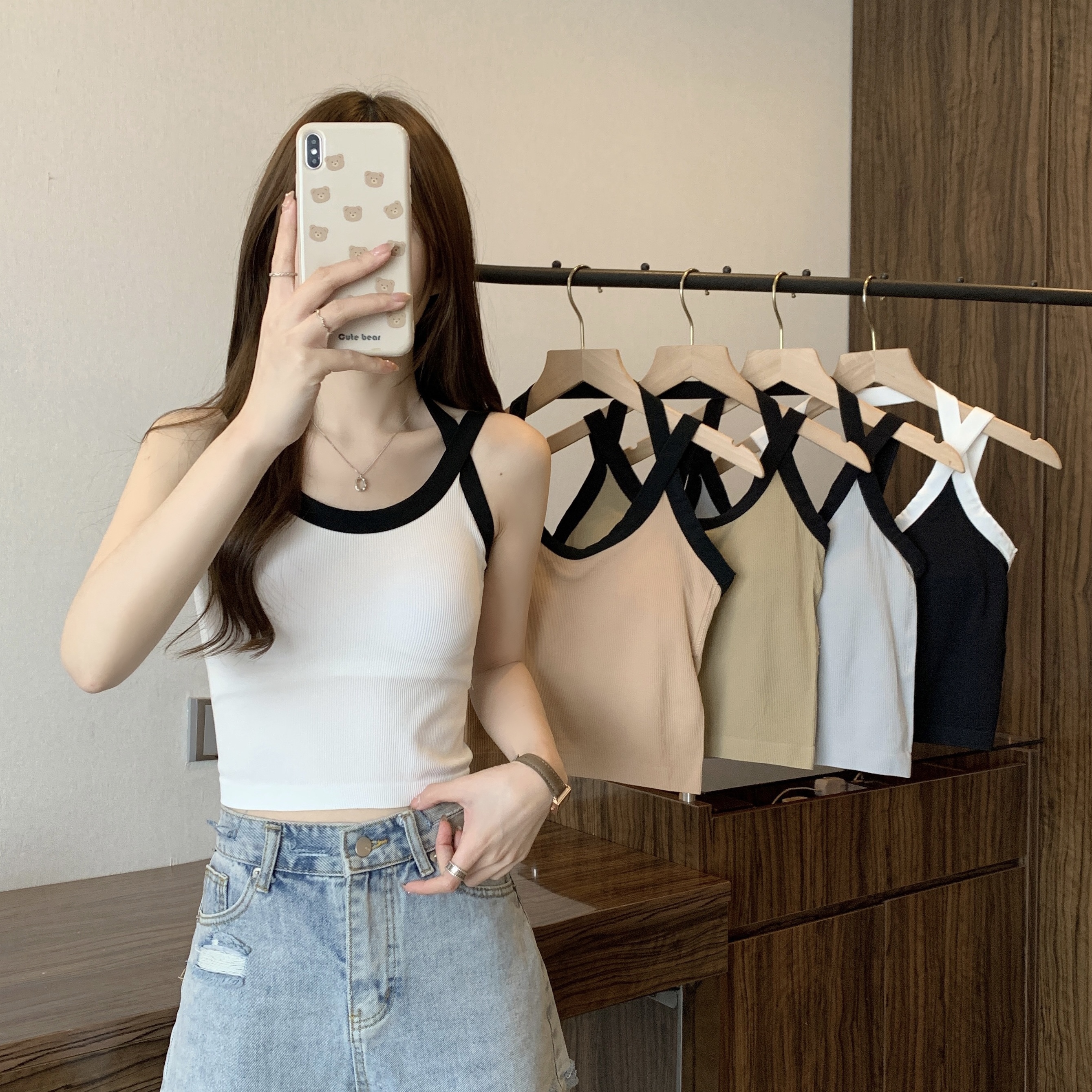 實拍 法式胸墊一體上衣女夏設計感修身外穿內搭美背掛脖無袖背心