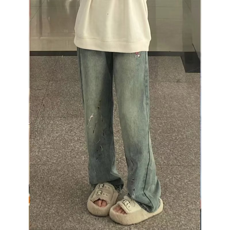 慵懶女春秋百搭牛仔褲潮流時尚拉鏈自然腰闊腳褲氣質ins長褲新款