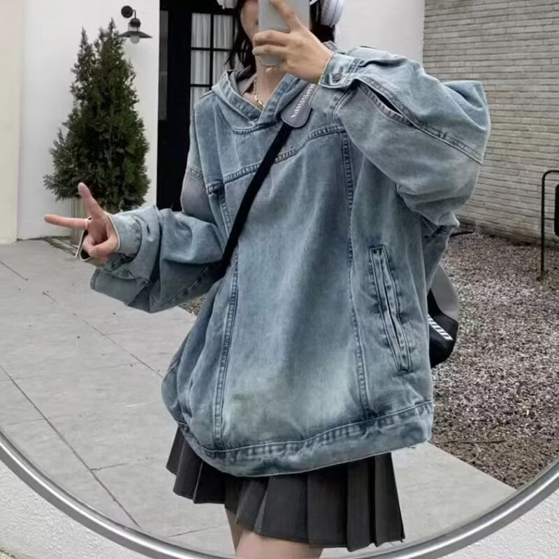 水洗做舊連帽衛衣女春秋季美式街頭潮牌寬鬆復古痞帥牛仔帽衫