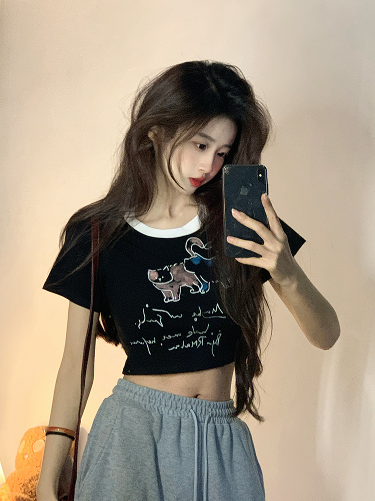 原創~實拍~印花設計感小眾顯瘦修身短袖T恤女夏