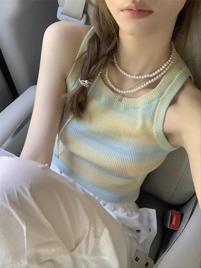 美式針織條紋吊帶背心女夏季工字內搭外穿多巴胺辣妹打底無袖上衣