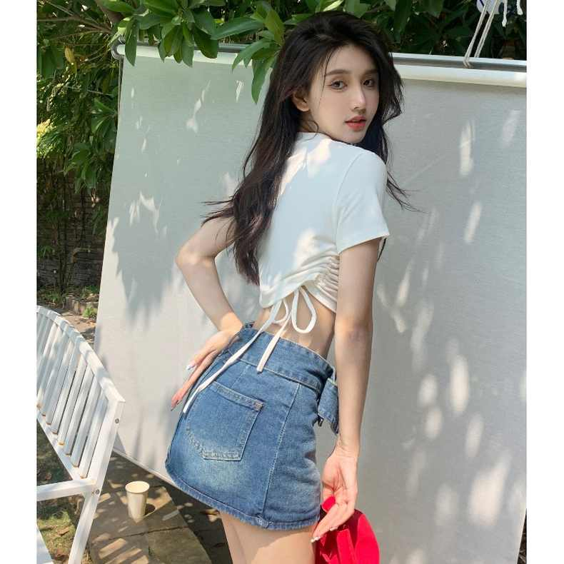 港風性感高腰露臍緊身短袖t恤女設計感小眾收身溫柔上衣