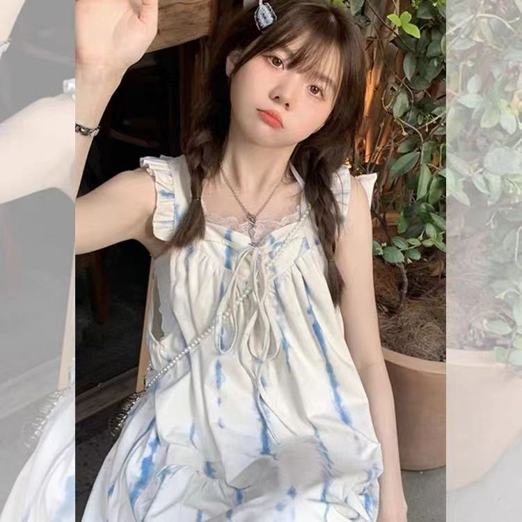 法式初戀奶甜清純小飛袖吊帶連衣裙