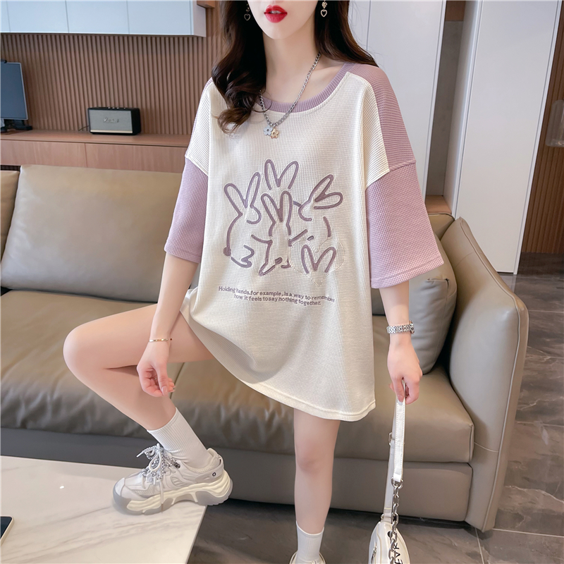 實拍 華夫格新款百搭撞色短袖T恤女夏季設計感韓版寬鬆上衣潮