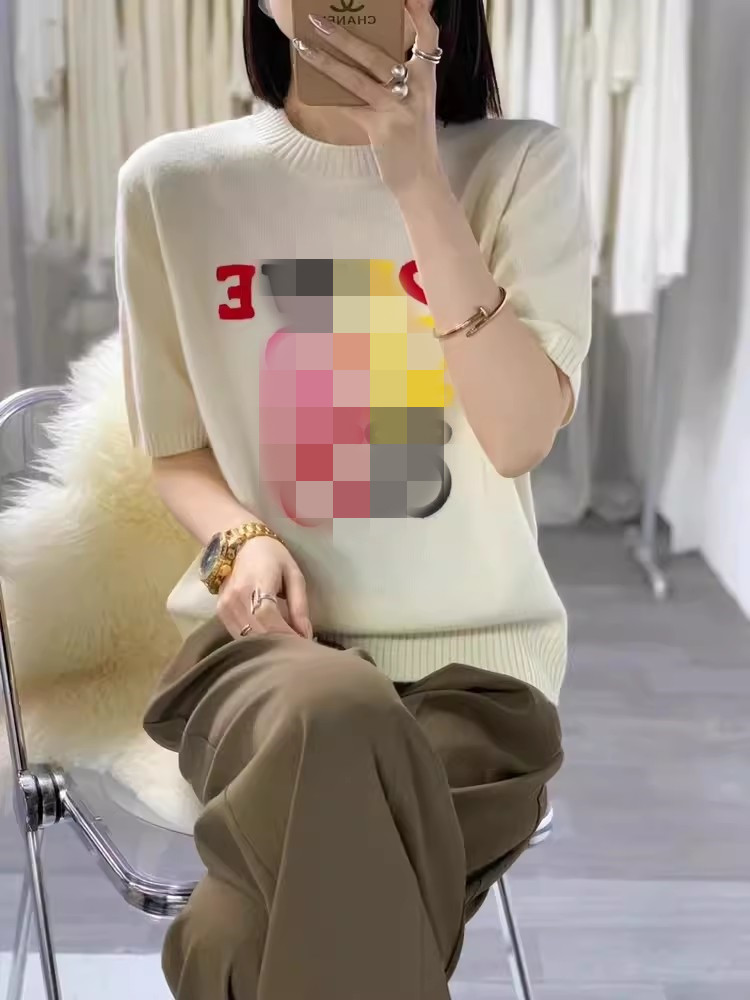 2024春夏新款短袖針織打底衫女圓領彩色字母百搭套頭上衣毛衣T恤