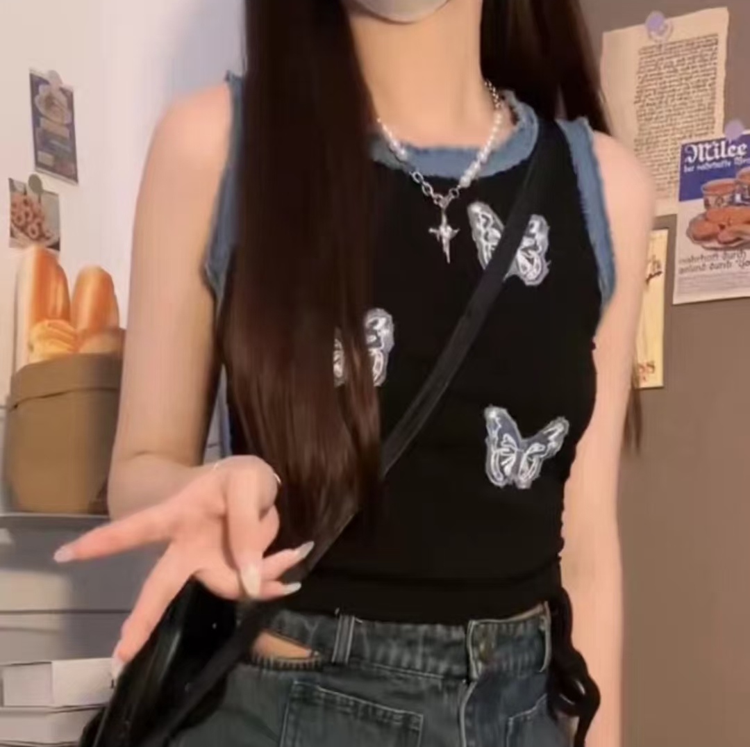 美式蝴蝶貼布抽繩綁帶背心女夏季新款甜酷辣妹顯瘦短款上衣服