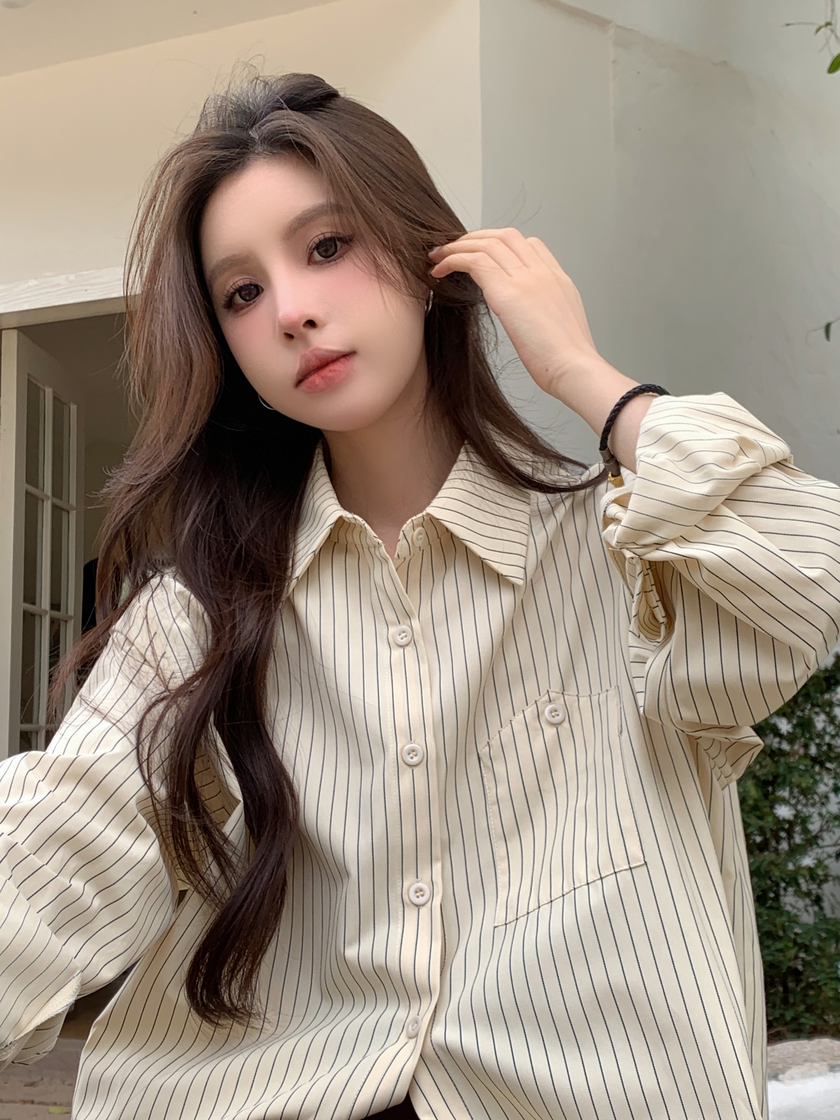 實拍原版色織小個子設計感小眾條紋法式長袖襯衫