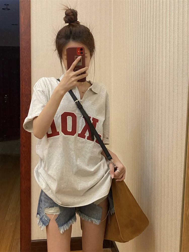 美式復古設計感短袖夏季新款POLO領半拉鏈休閒寬鬆潮字母T恤上衣