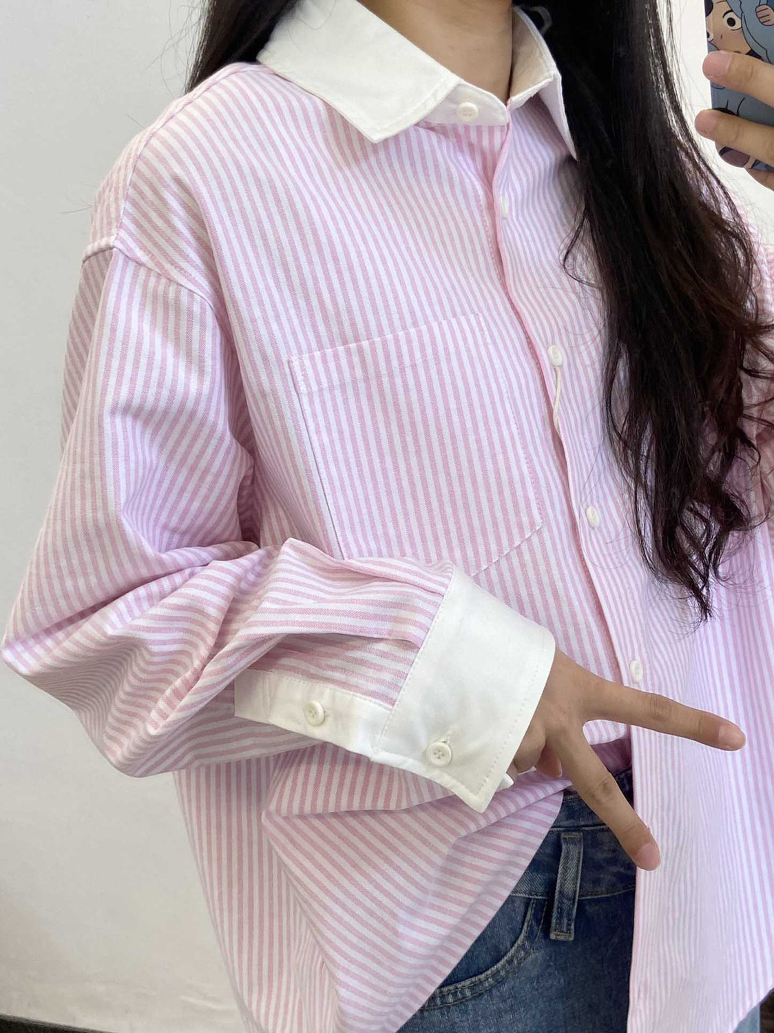 韓版hiphop粉色條紋長袖襯衫女春秋寬鬆慵懶風氣質休閒百搭襯衣潮