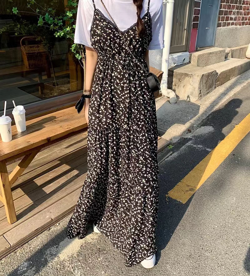 Original French retro niche floral dress for women sexy suspender skirt